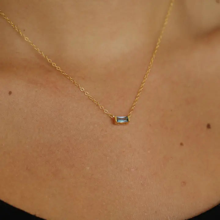 Floating Aquamarine Cz Baguette Necklace
