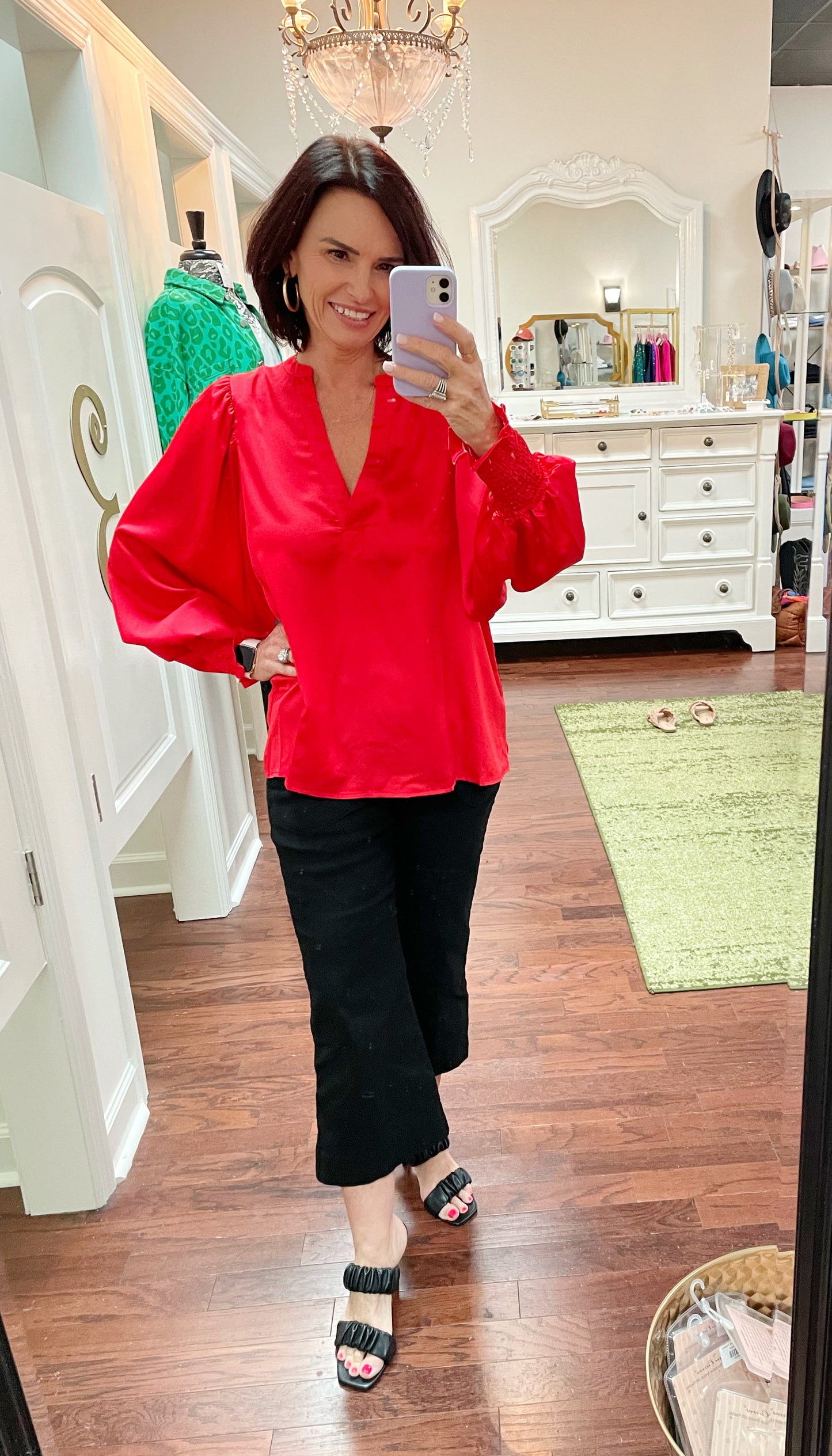 Woven puff sleeve satin blouse