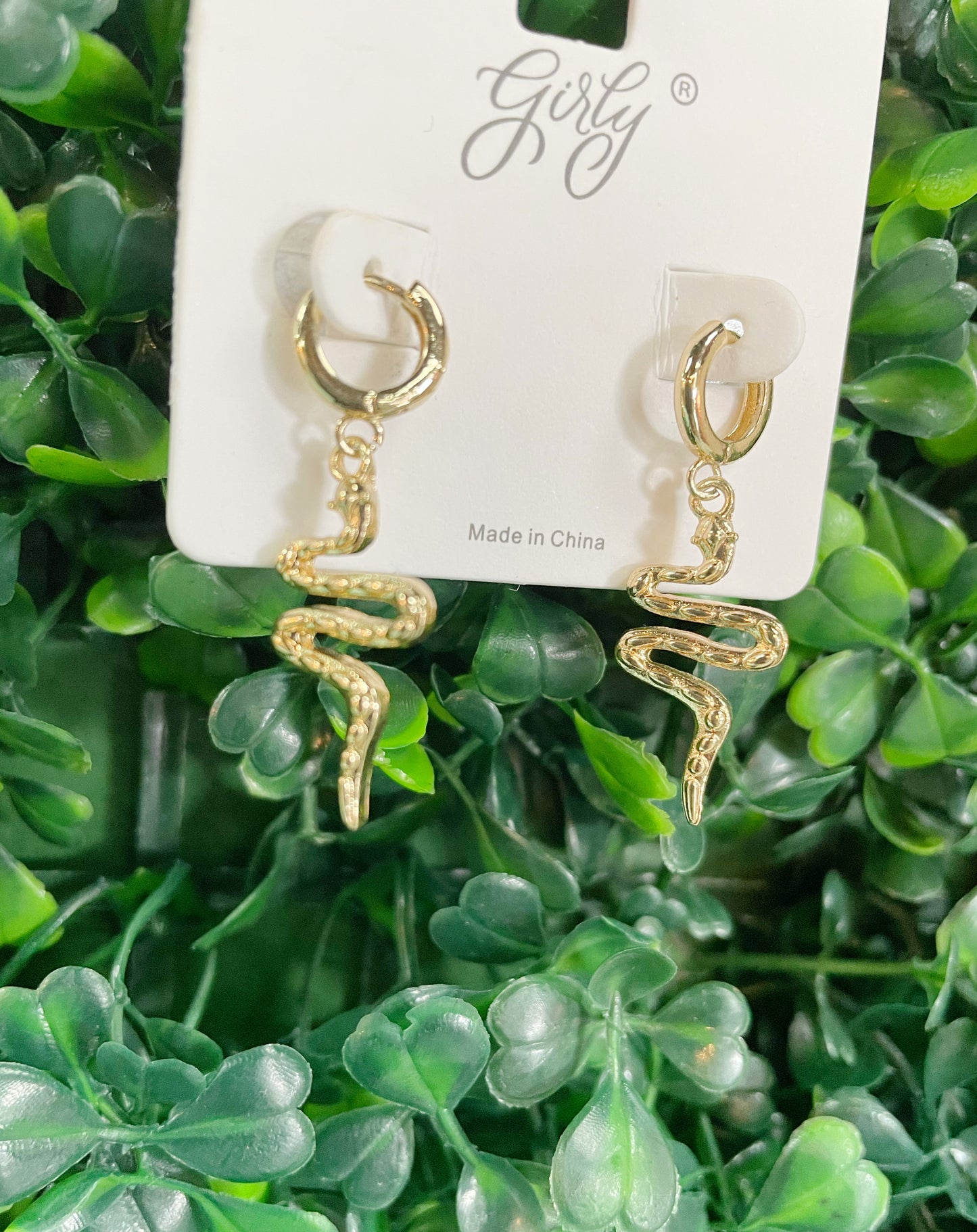 Gold textured snake charm dangle earrings