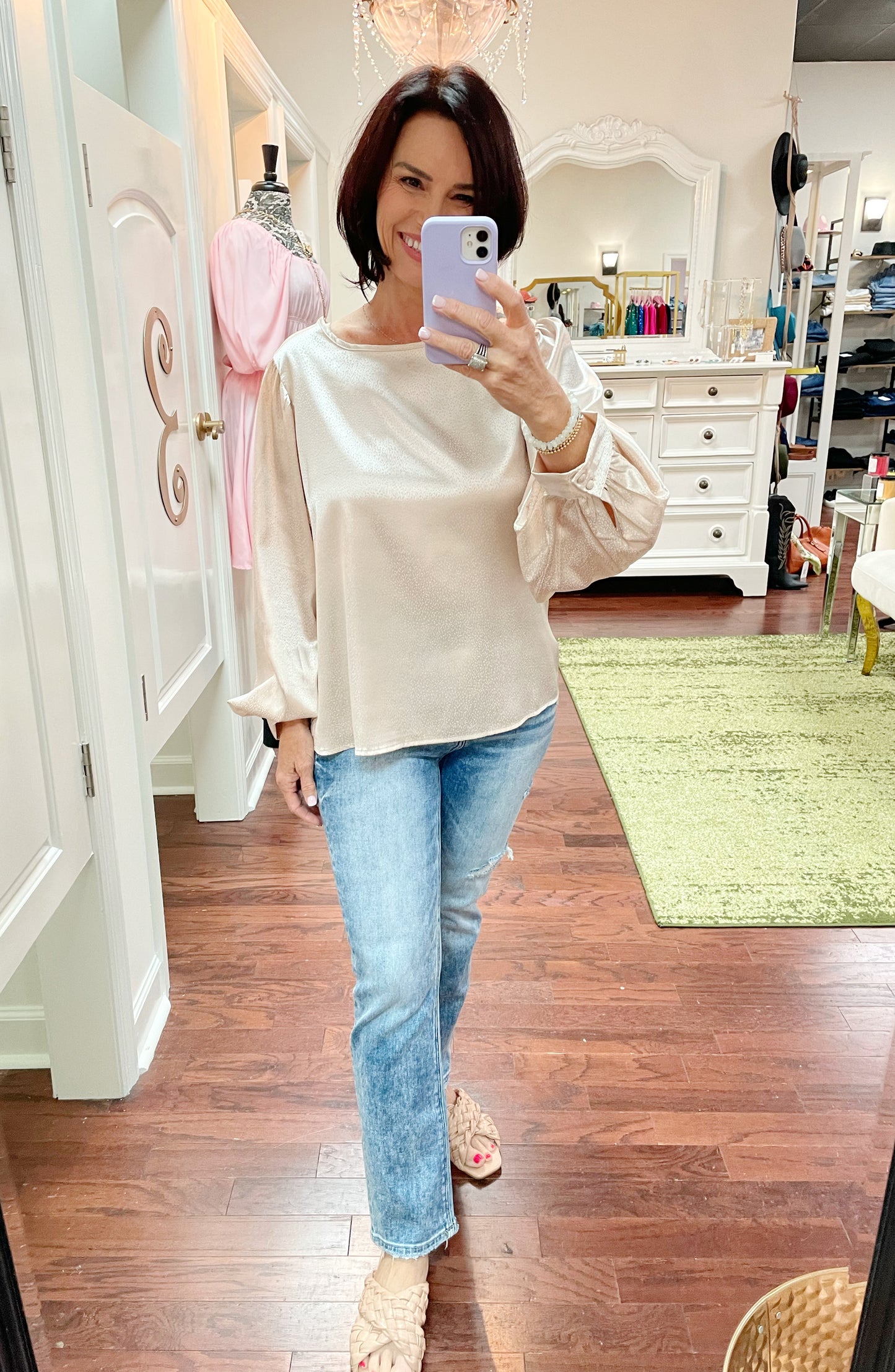 Round Neck Satin Jacquard Fabric Top