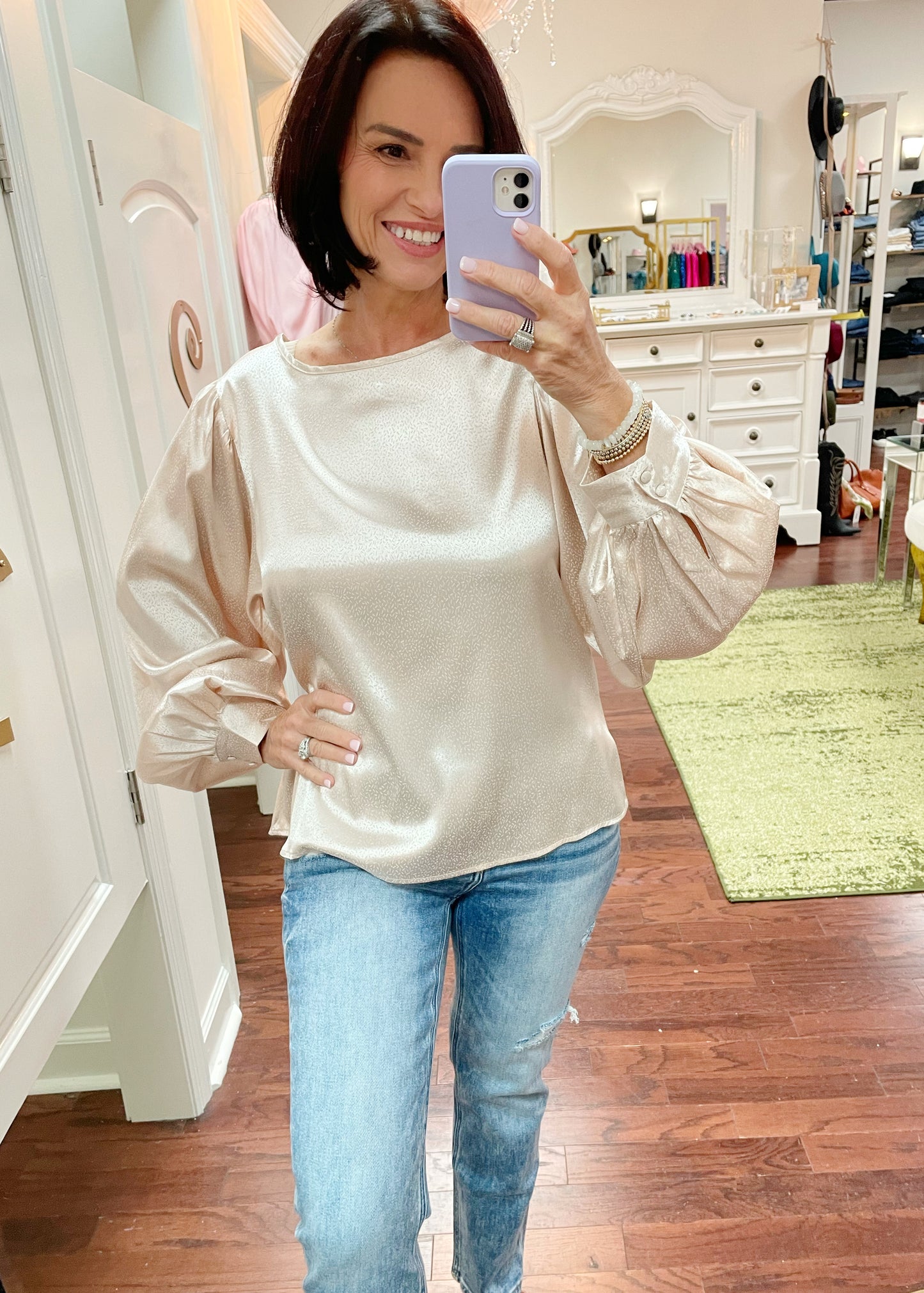 Round Neck Satin Jacquard Fabric Top