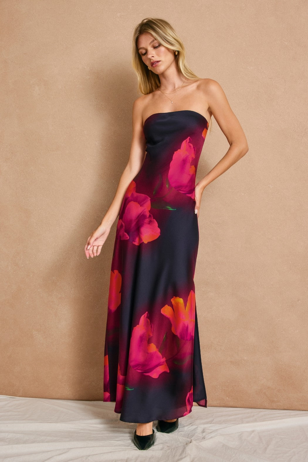 peony maxi dress Peony Floral Wrap Maxi Dress: Light Pink Cotton-Viscose Boho Wedding Guest Dress