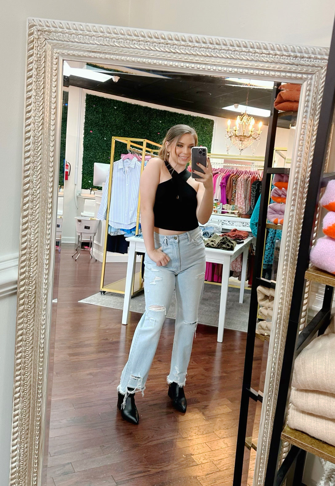 High Rise Distressed Bottom Denim