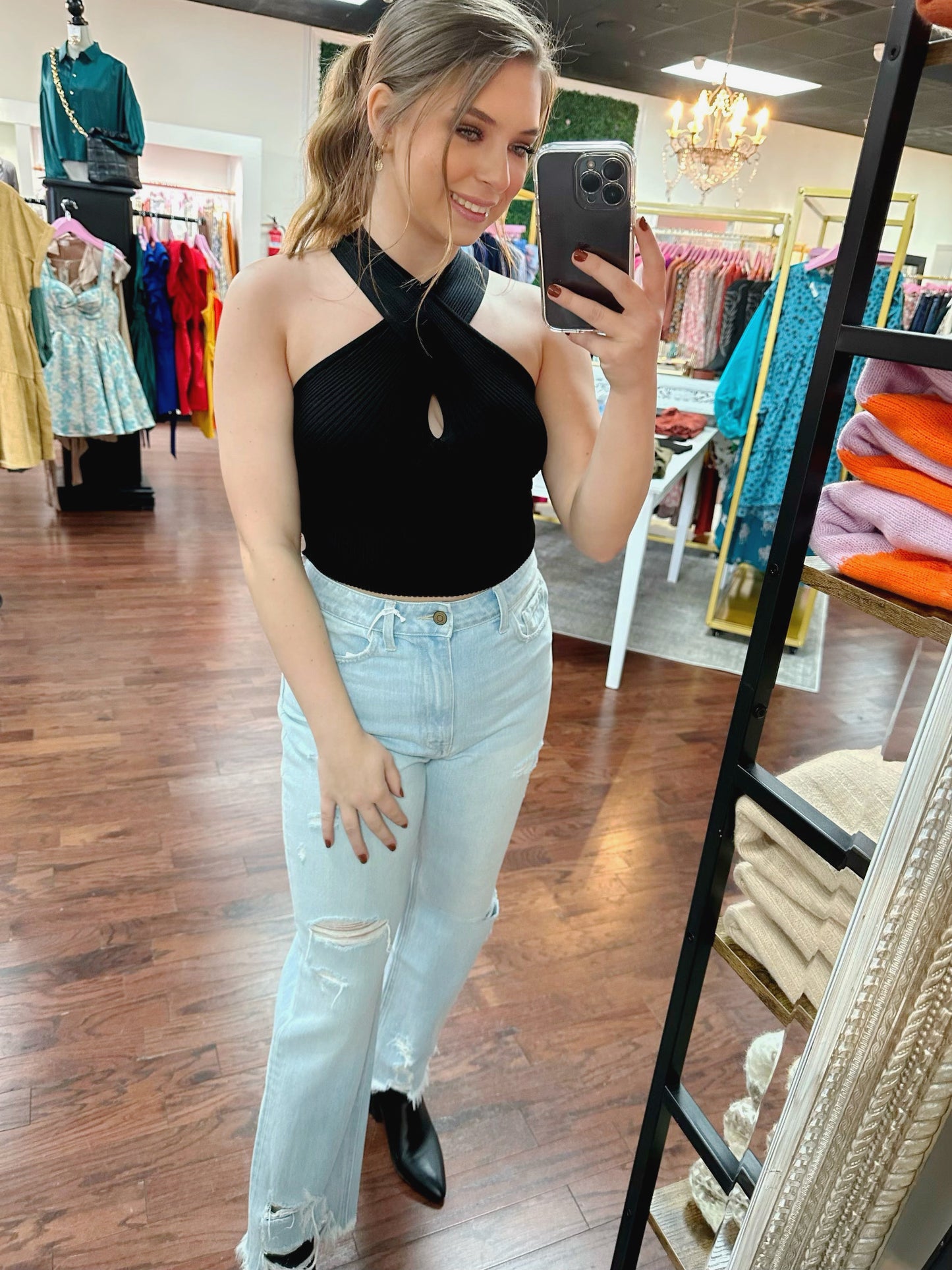 High Rise Distressed Bottom Denim