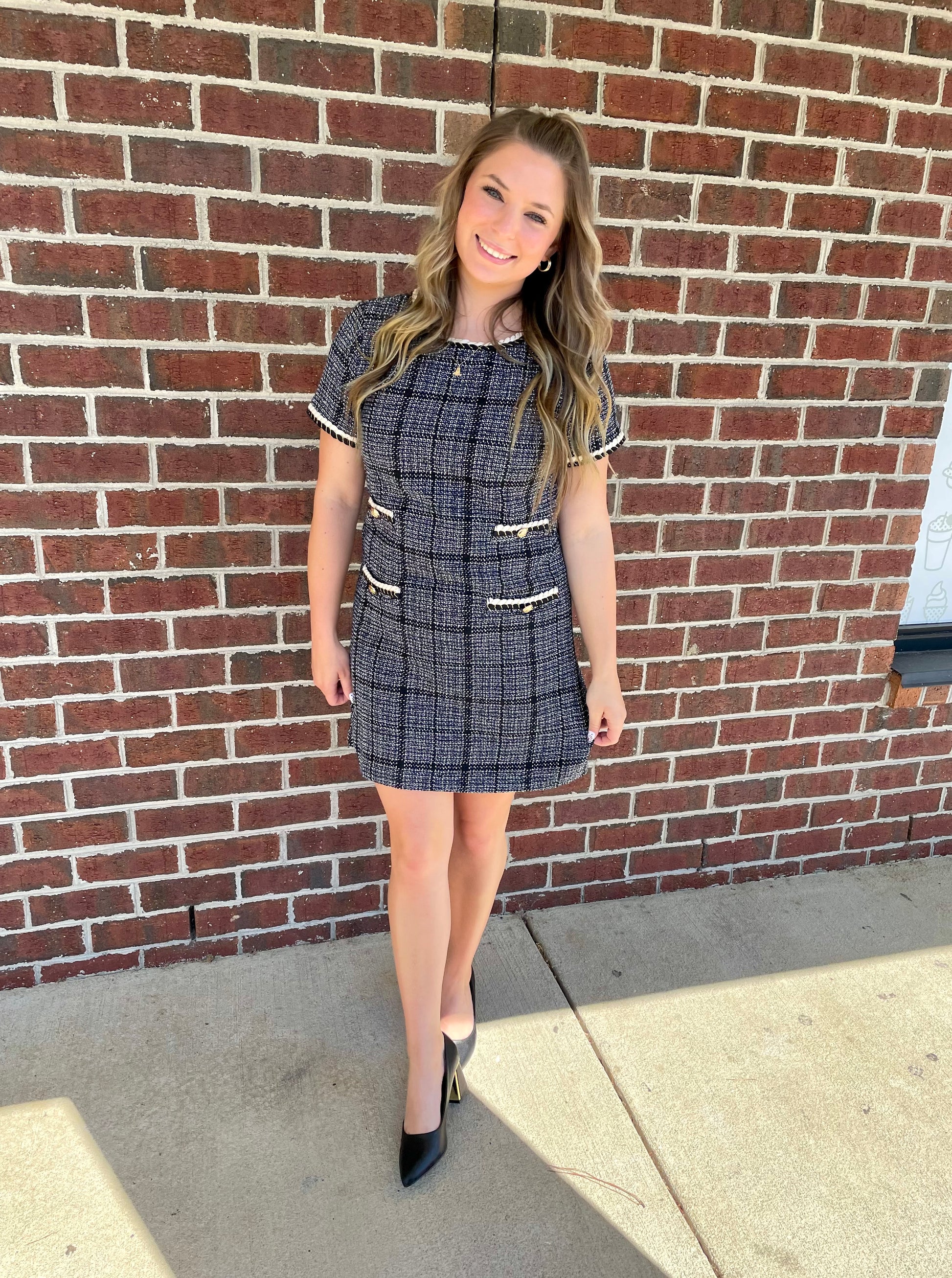 Women's Tweed Plaid Mini Dress Large / Black-Blue Women's Tweed Plaid Mini Dress Large / Black-Blue