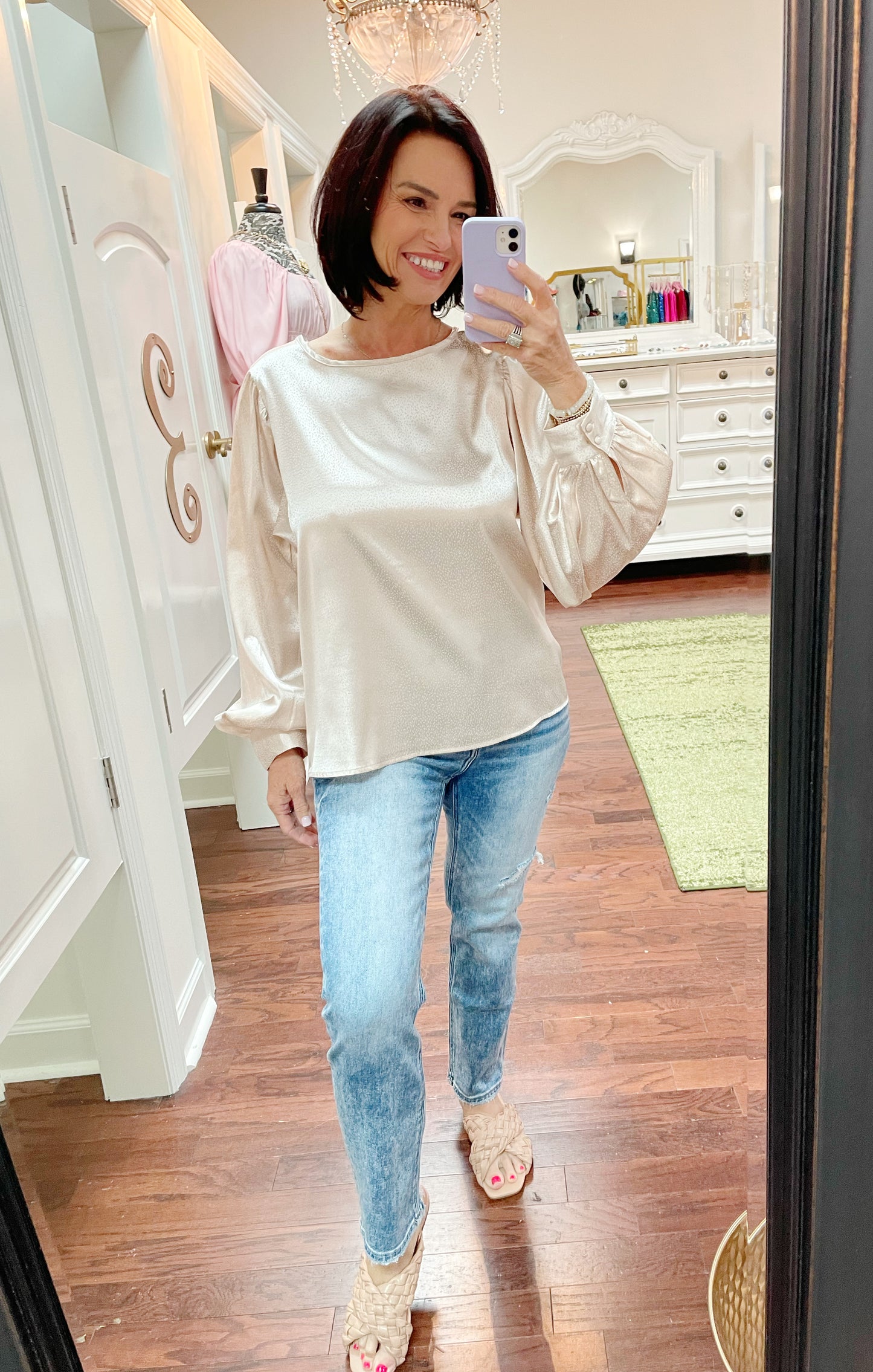 Round Neck Satin Jacquard Fabric Top