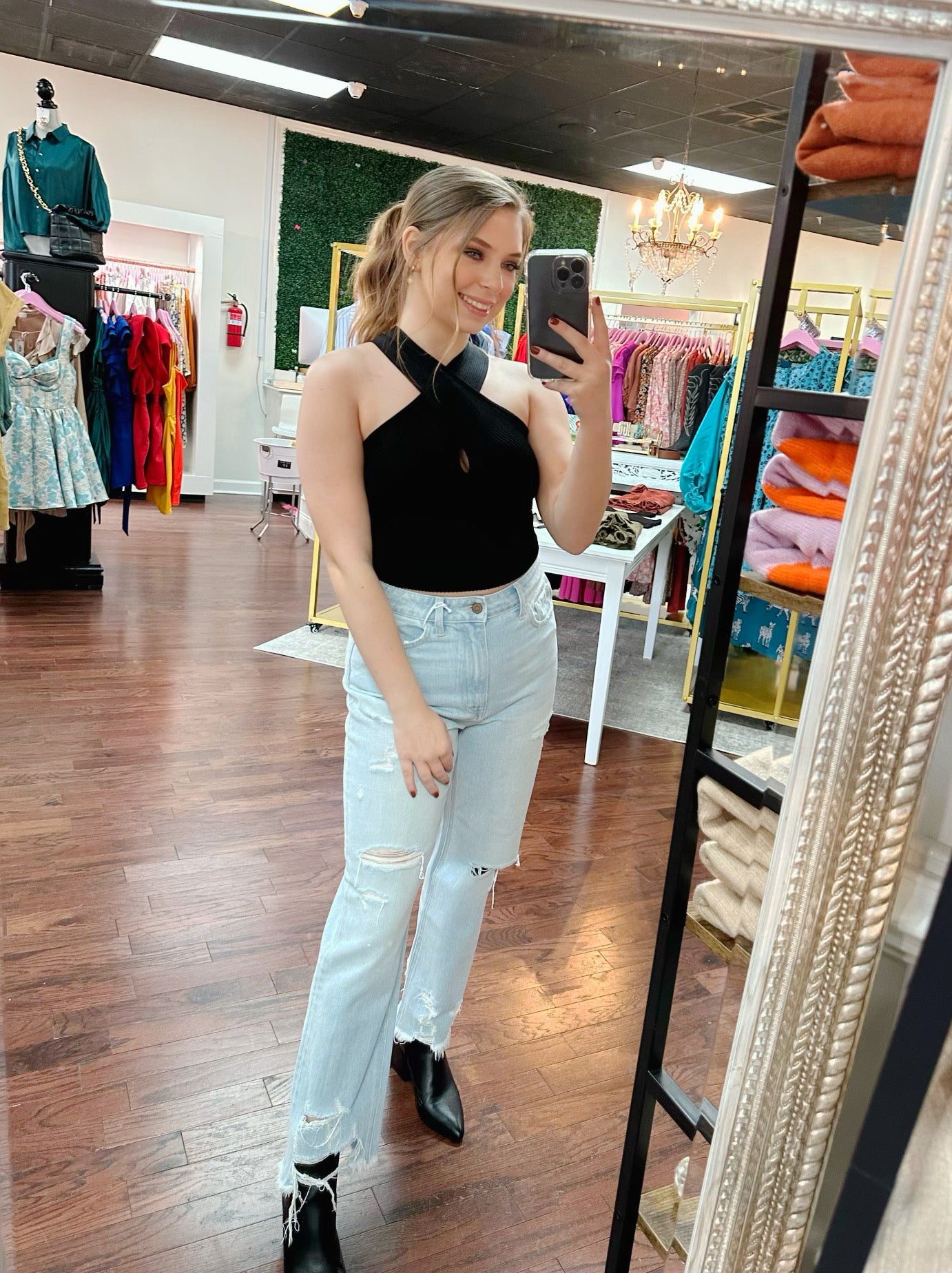 High Rise Distressed Bottom Denim