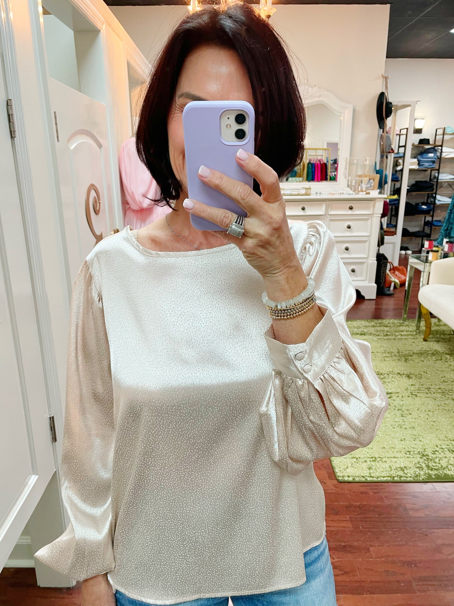 Round Neck Satin Jacquard Fabric Top