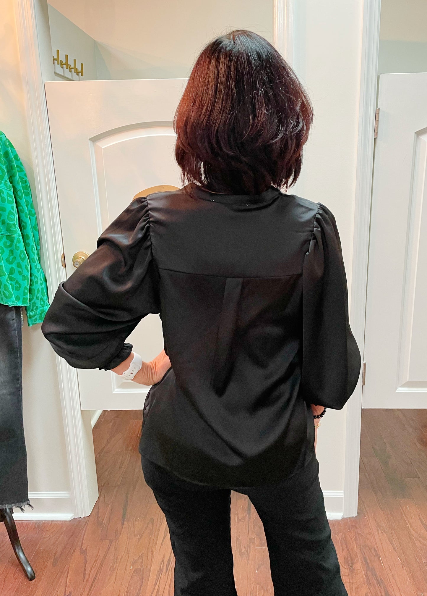 Woven puff sleeve satin blouse