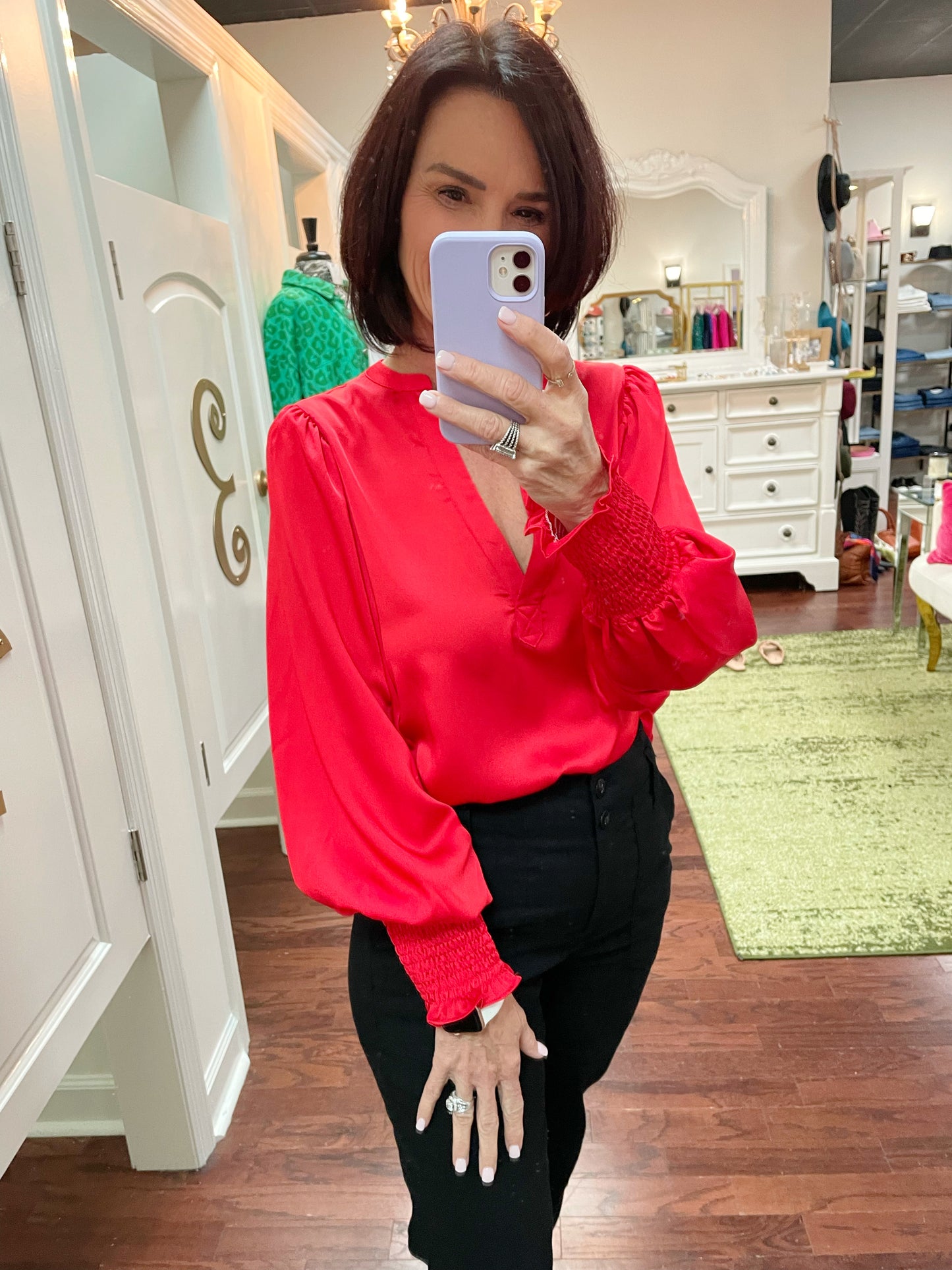 Woven puff sleeve satin blouse