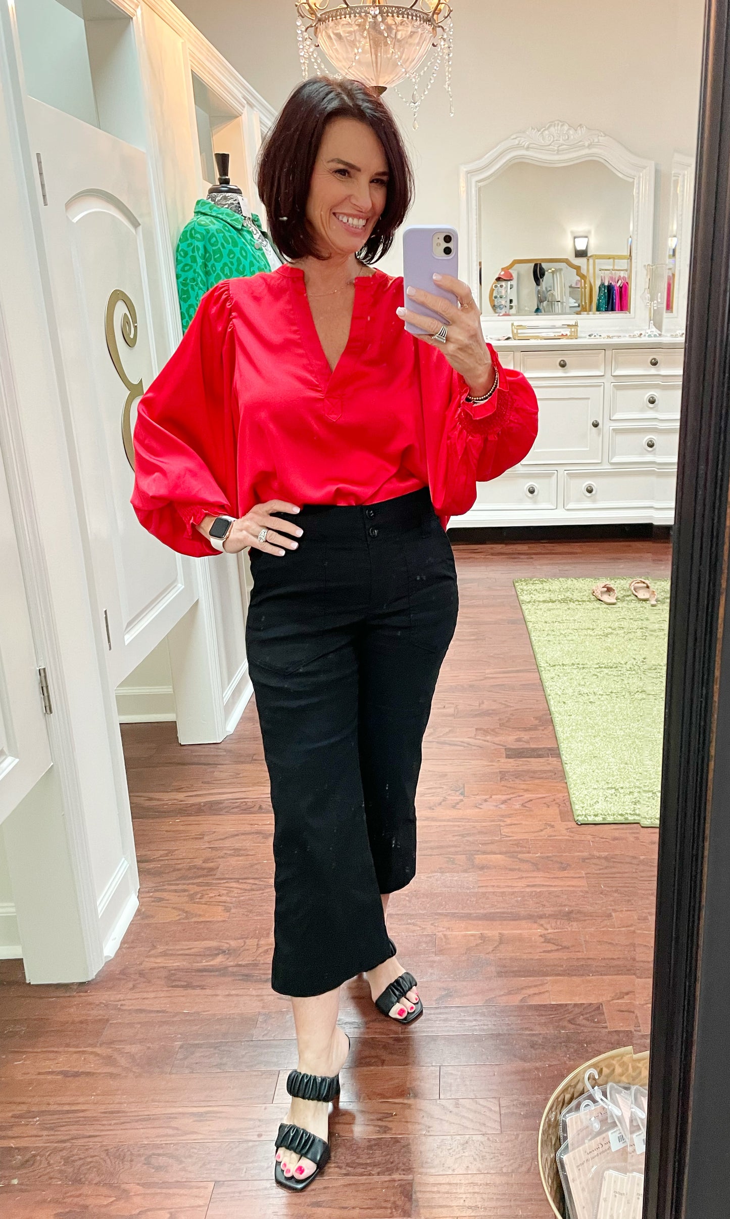 Woven puff sleeve satin blouse