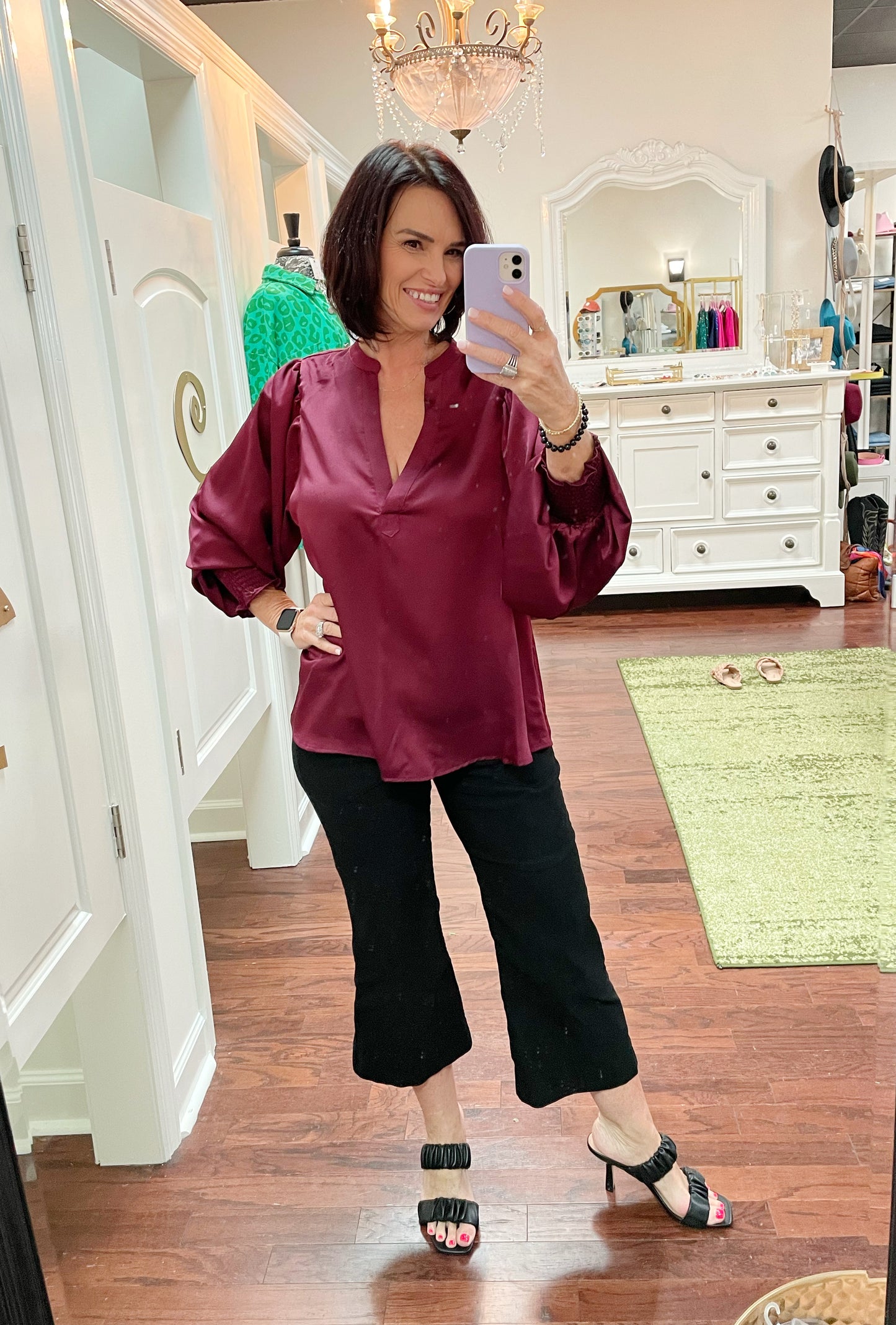 Woven puff sleeve satin blouse