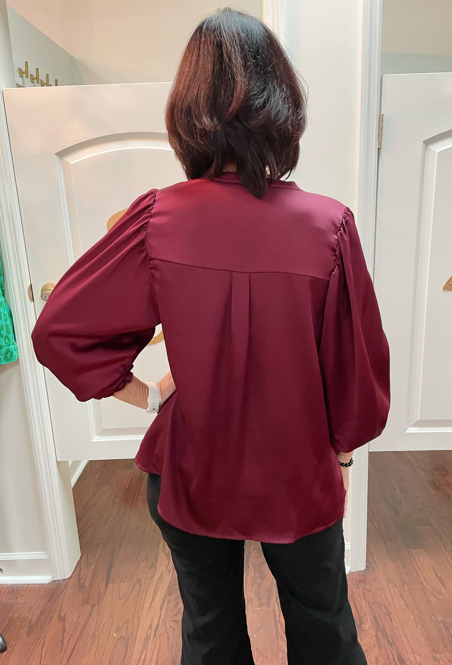 Woven puff sleeve satin blouse
