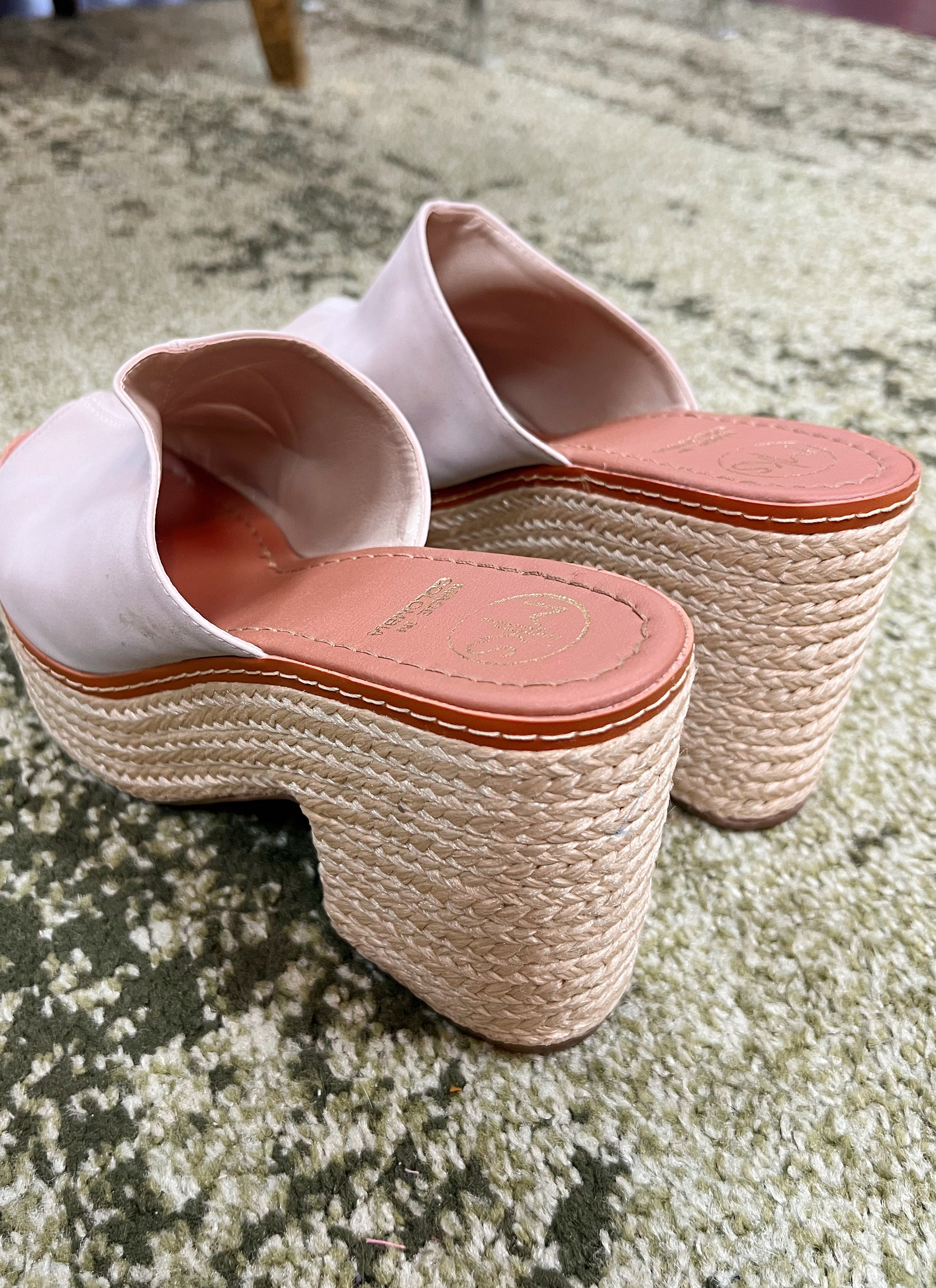 Taupe colored faux leather woven platform heel