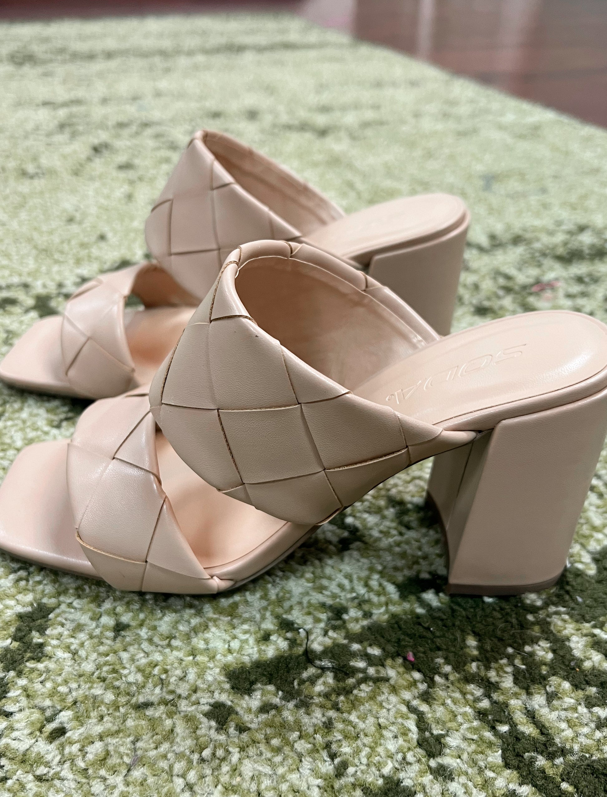 Nude block heels with 2 thick woven straps