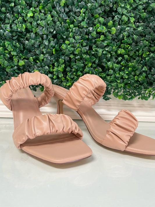 Nude faux leather heels with ruffled thick straps