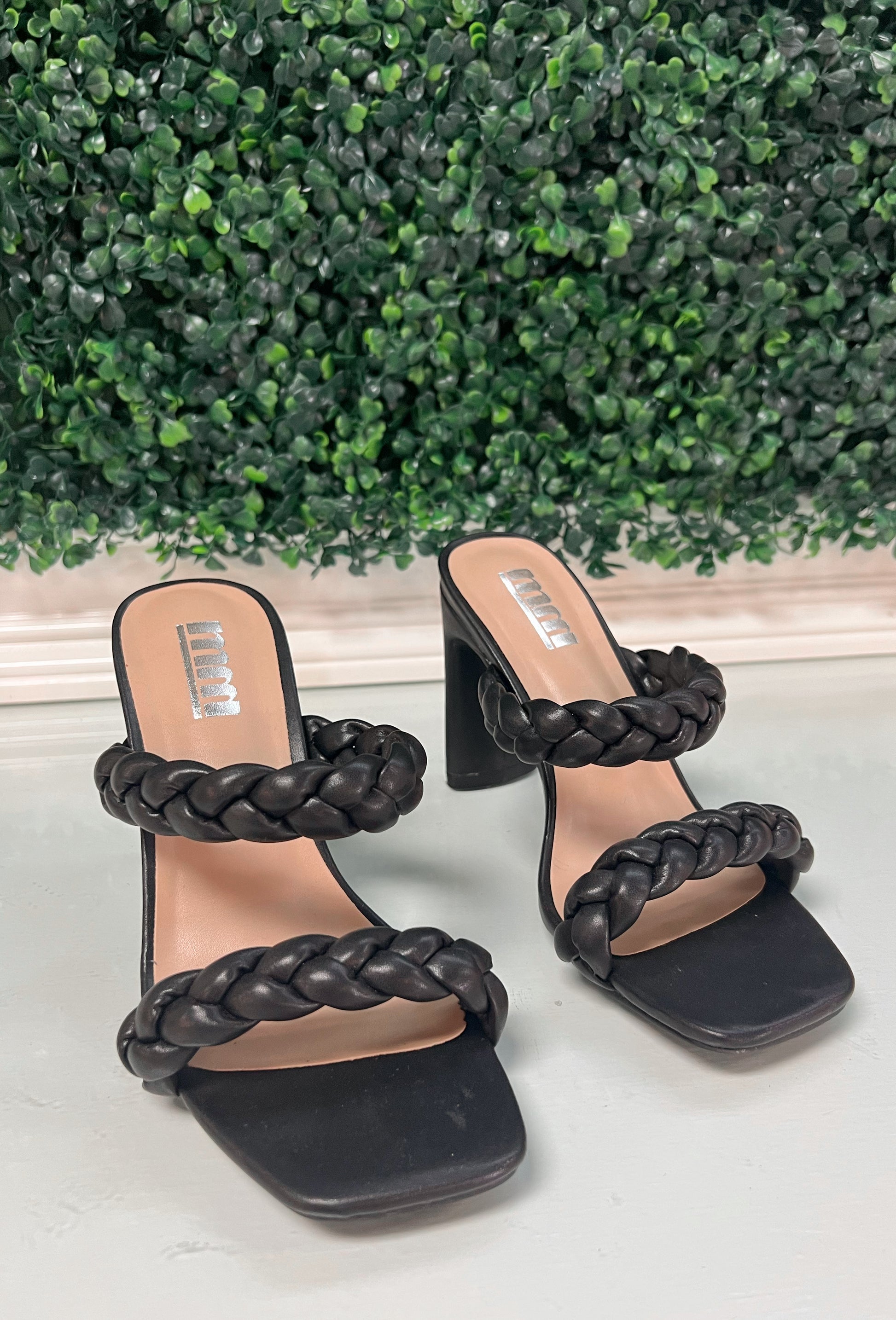 Black double braided strap heels