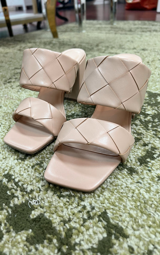 Nude block heels with 2 thick woven straps