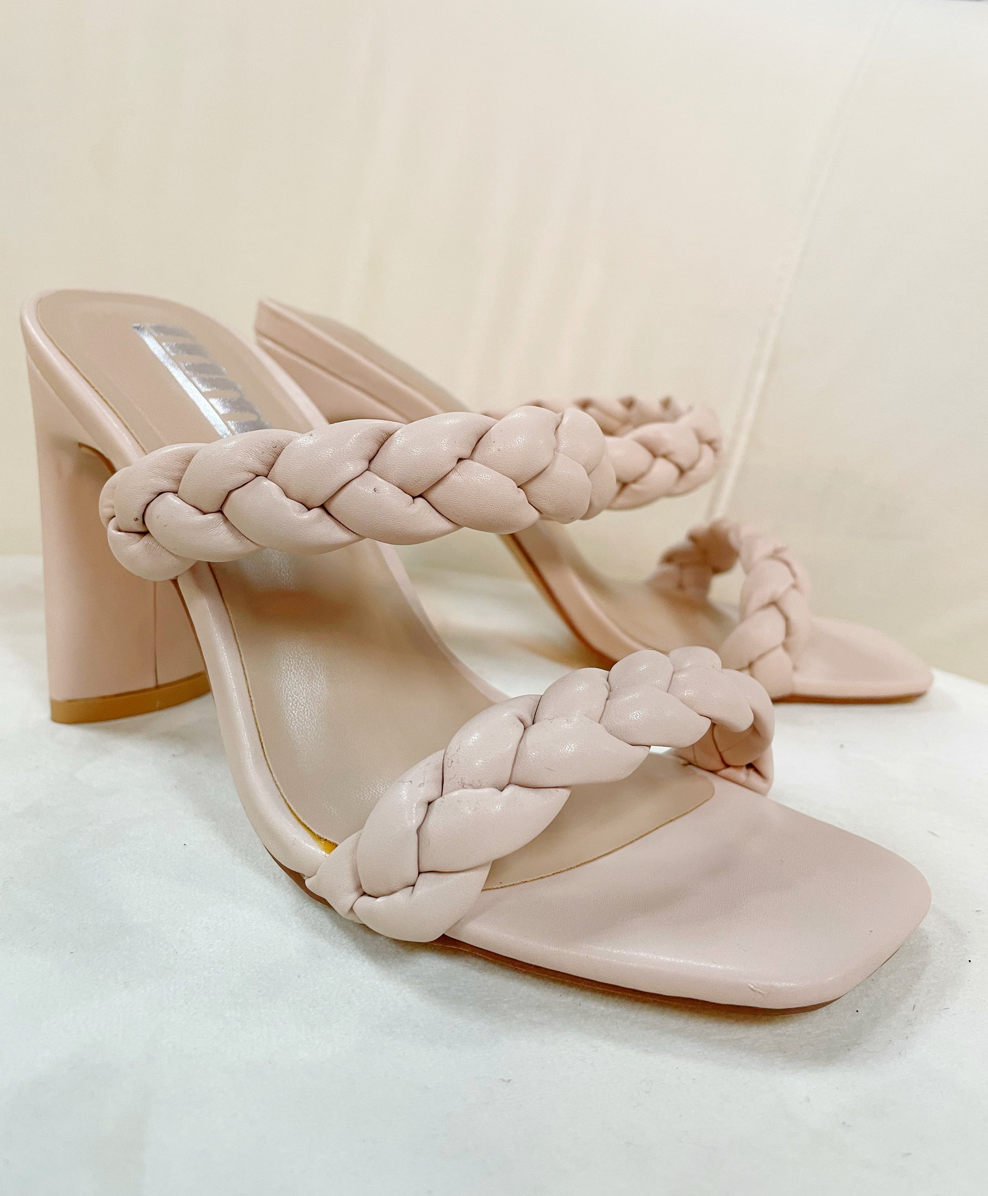 Beige double braided strap heels