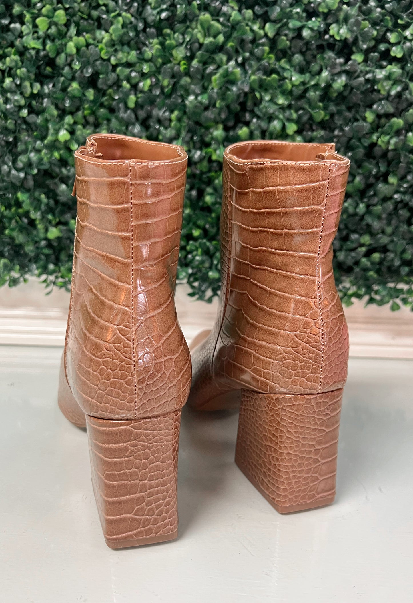 Brown faux crocodile ankle booties with zipper