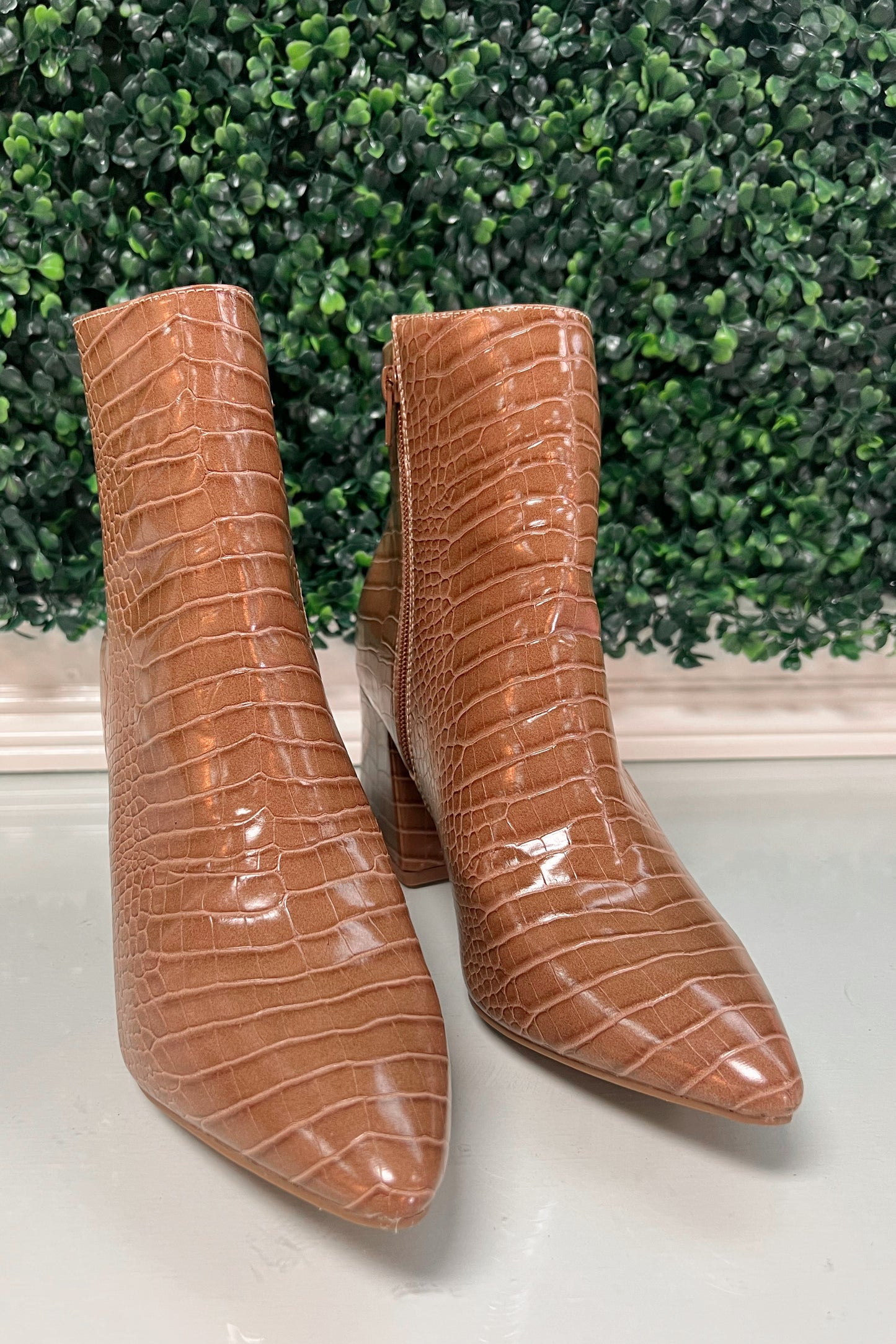 Brown faux crocodile ankle booties with zipper