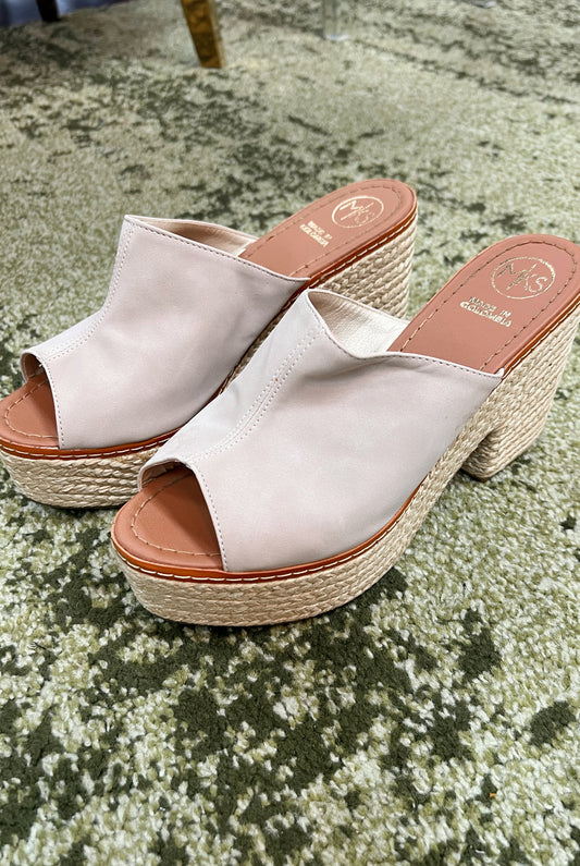 Taupe colored faux leather woven platform heel