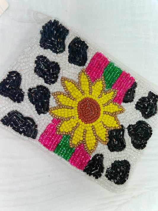 Flower Cow Print Beaded Coin Purse