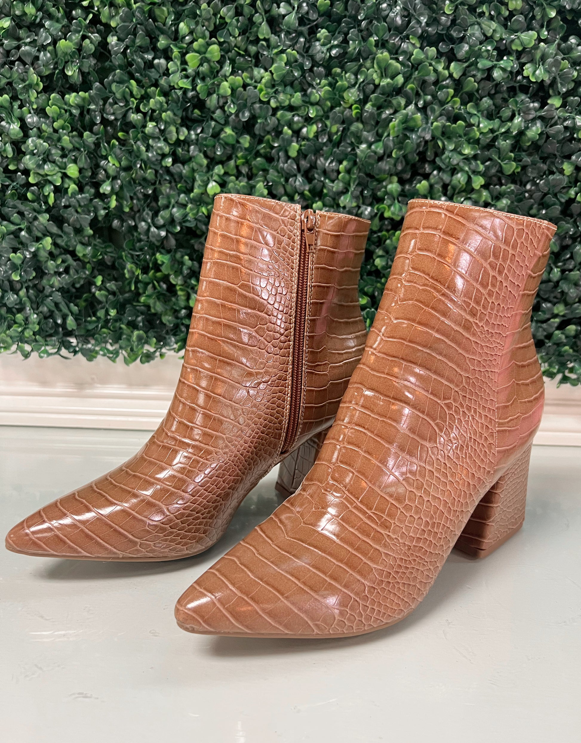 Brown faux crocodile ankle booties with zipper