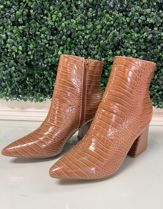 Brown faux crocodile ankle booties with zipper