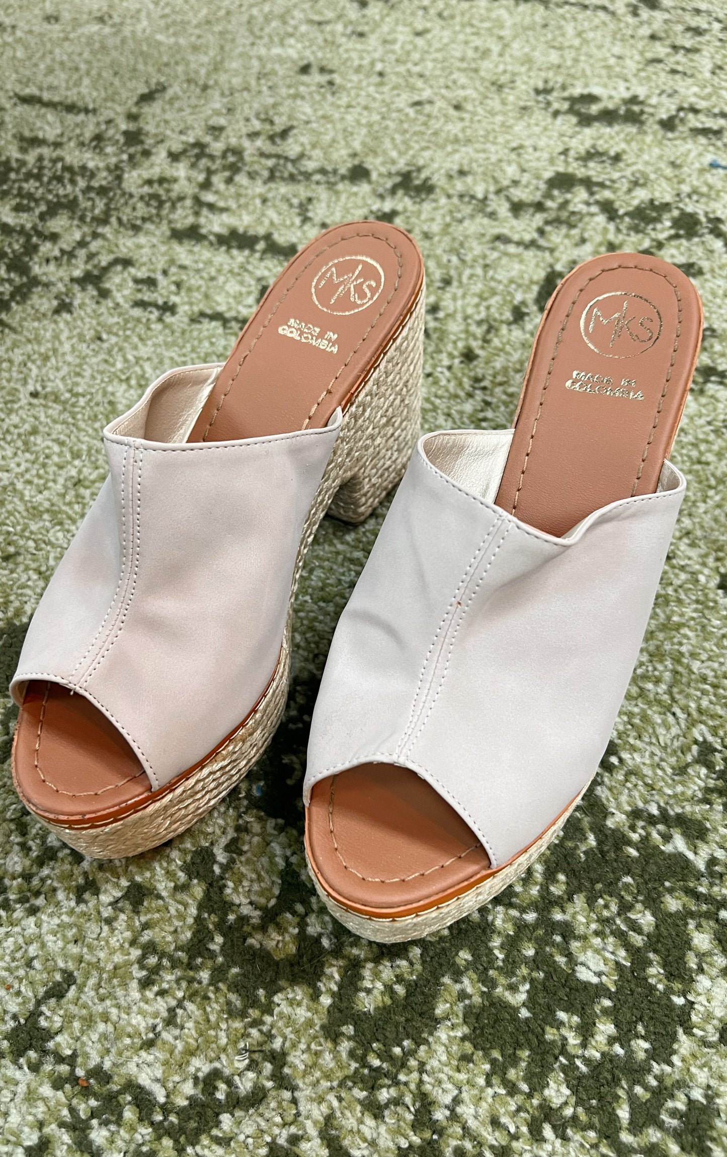 Taupe colored faux leather woven platform heel