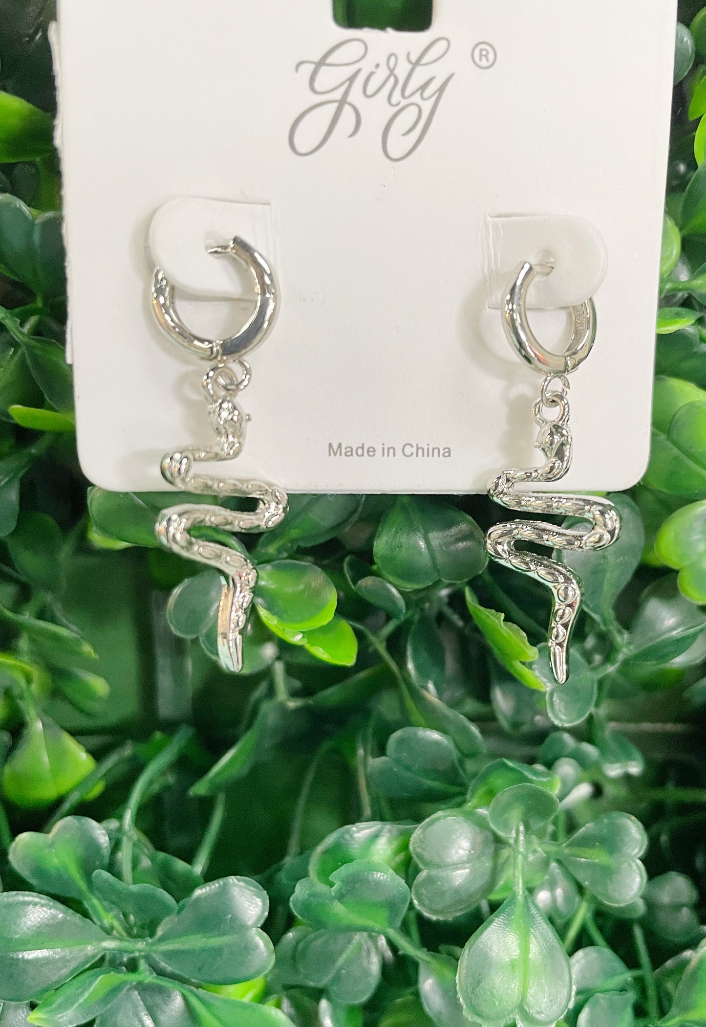 Silver/ rhodium textured snake charm dangle earrings