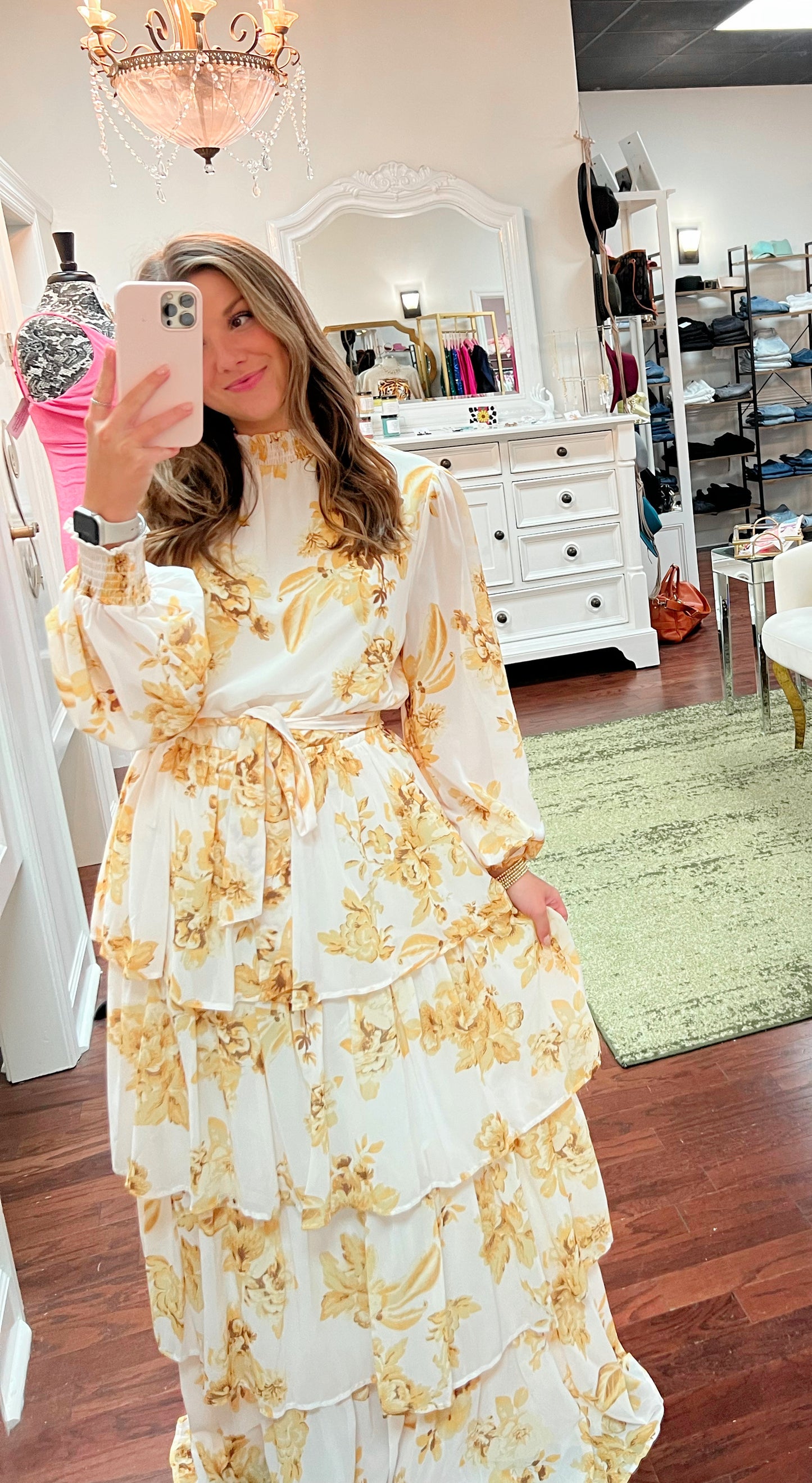 Printed Smocked High Neckline Woven Maxi Dress