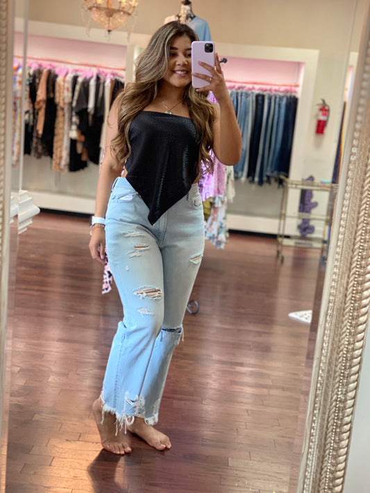 High Rise Distressed Bottom Denim