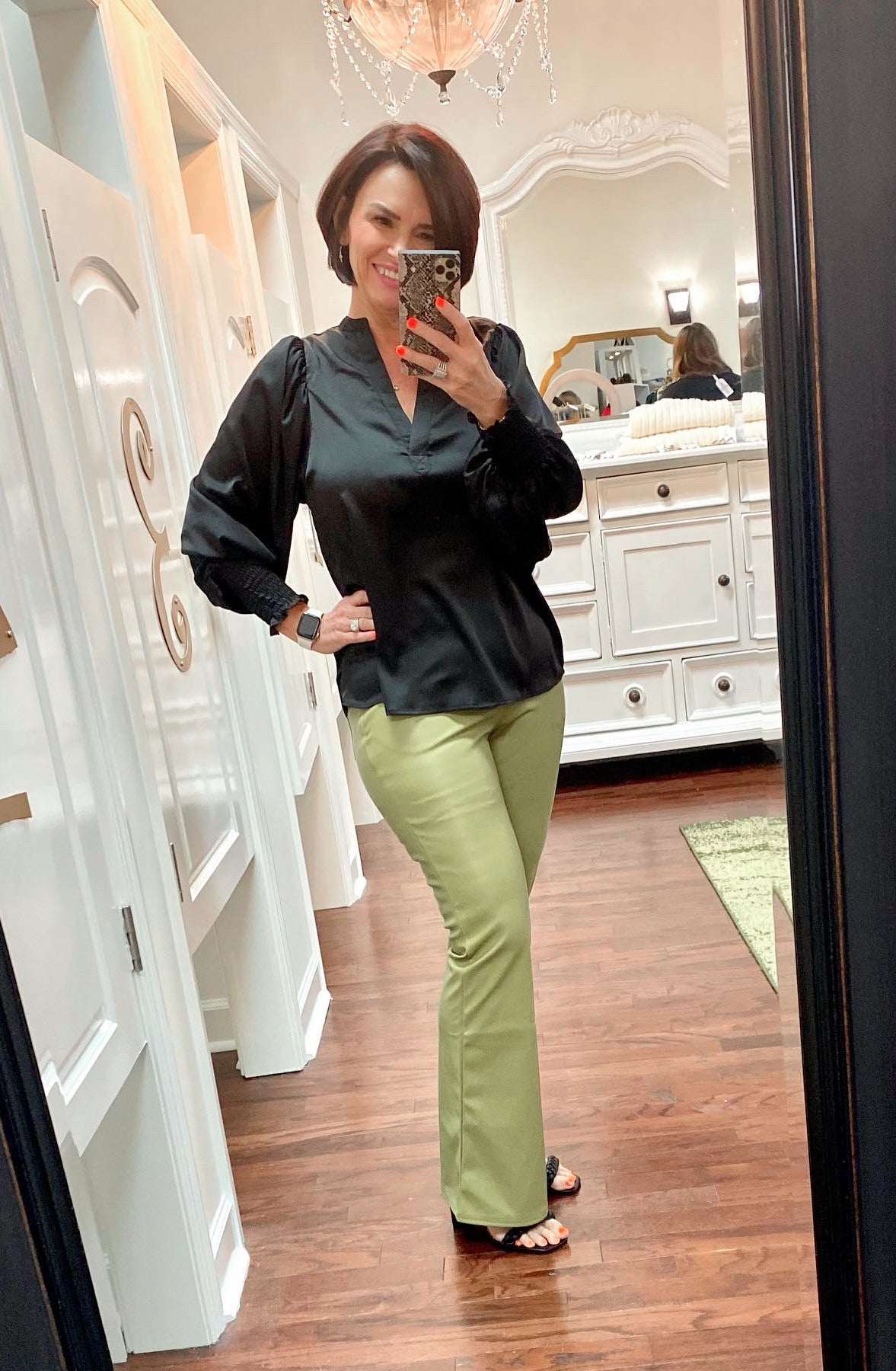 Woven puff sleeve satin blouse