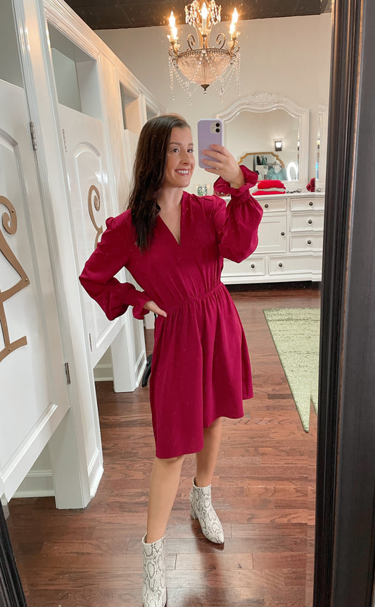 V Neck Smocked Sleeve Elastic Waist Mini Dress