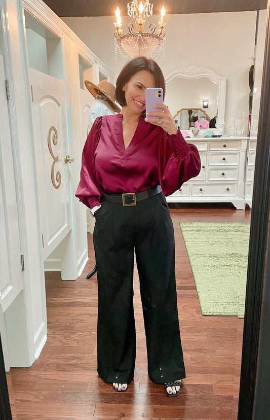 Woven puff sleeve satin blouse