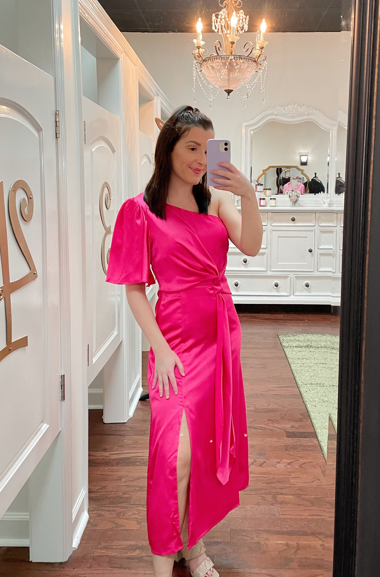 Chateau Satin One Shoulder Midi Dress