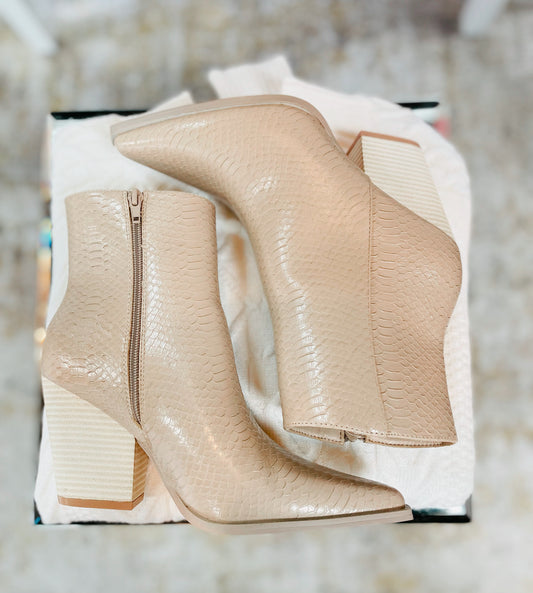 Beige faux snake skin heeled ankle booties